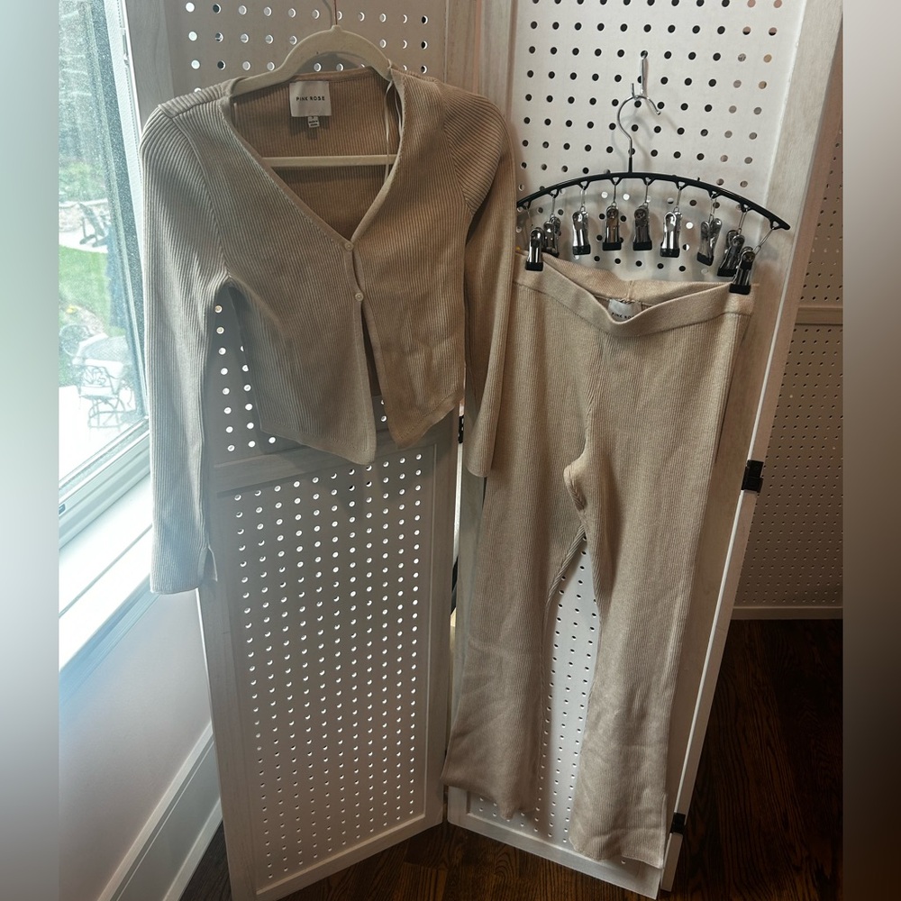 Beige Women's Pants & Cardigan Set